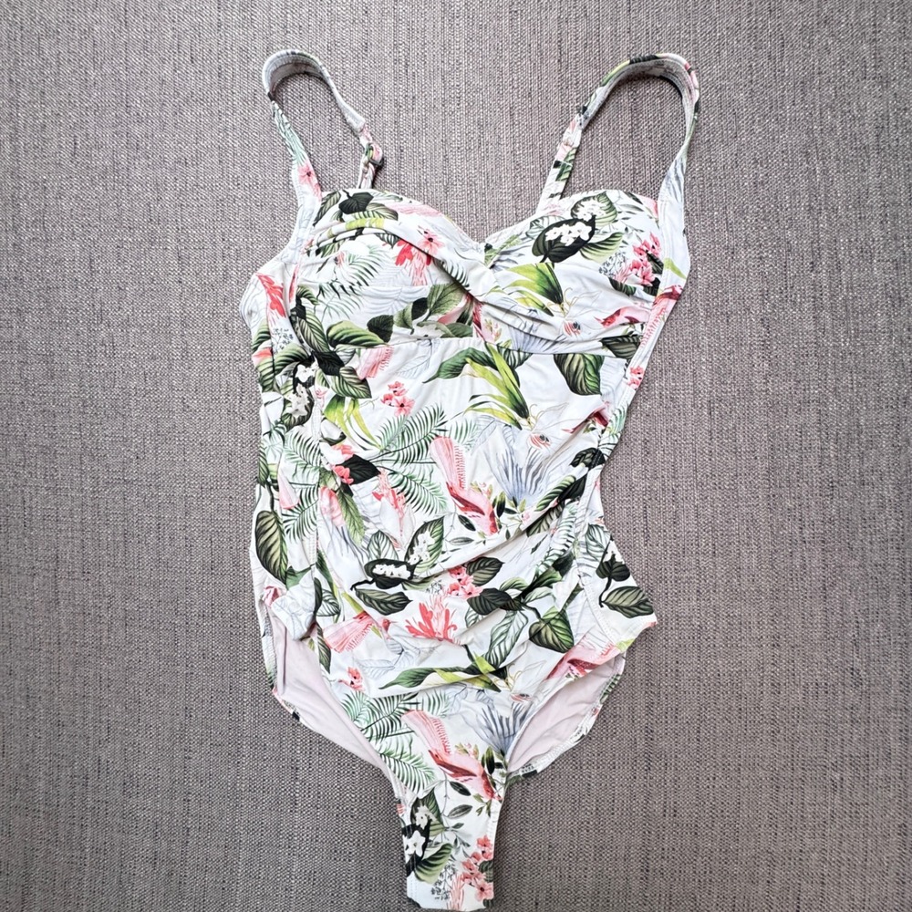 Niptuck Swim Tropical Floral Bird One Piece Swimsuit White Multi Fit Cup US 8